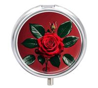 Red Mirror Rose Metal Pill Organizer, 3 Compartment Waterproof Pill Case with Mirror for Purse Pocket Bag, Daily Medicine Vitamin Holder, Portable Travel Med Container(Round)