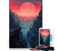 Red Moon Cityscape 1000 Pieces Jigsaw Puzzles for Adults Mind Exercise Toy Relax Time Precision Cut Stylish Gift (38x26cm)