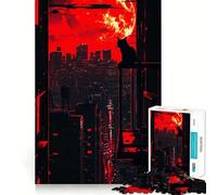 Red Moon Cityscape with Cat Silhouette 1000 Pieces Jigsaws Adults Puzzles Brain Workout Toy Soft Relax Image Assembly Lovely Present (38x26cm)
