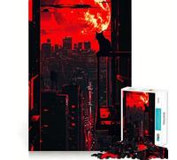 Red Moon Cityscape with Cat Silhouette Hard Jigsaw Puzzle for Adults 1000 Pieces Improve Memory Relaxed Mind Sharp Edge Stylish Gift (50x75cm)