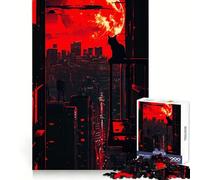 Red Moon Cityscape with Cat Silhouette Hard Jigsaw Puzzle for Adults 1000 Pieces Improve Memory Relaxed Mind Sharp Edge Stylish Gift (50x75cm)