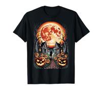 Red Moon Haunted Houses Pumpkins Witch Halloween T-Shirt