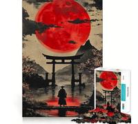 Red Moon Japan Samurai Jigsaw Puzzles for Adults1000 Pieces Memory Boost Together Fun Image Assembly Art Collectible (38x26cm)