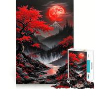 Red Moon Mountain Landscape Jigsaw Puzzles for Teenagers 1000 Pieces Recall Boost Gentle Relax Smooth Cut Stylish Gift (38x52cm)