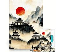 Red Moon Mountain Temples Japan Jigsaw Puzzle for Adults 1000 Pieces Mind Puzzle Calm Pastime Image Assembly Lovely Present (50x75cm)
