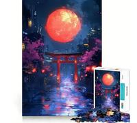 Red Moon over Japanese City 1000 Piece Jigsaws for Adults Puzzle Mind Exercise Toy Family Bond Precision Cut Creative Gift (38x26cm)