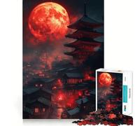 Red Moon Over Japanese Village Jigsaw Puzzles 1000 Piece for Adults Intellect Toy Calm Relax Precise Cut Santa Wish Item (50x75cm)