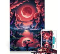 Red Moon Over Mountain Lake 1000 Piece Jigsaw Puzzles for Teenagers Boost Memory Gentle Relax Premium Cut Bday Surprise (38x52cm)