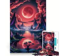 Red Moon Over Mountain Lake Puzzles for Adults 1000 Puzzles Strengthen Memory Anxiety Relief Smooth Edge Warm Surprise (38x26cm)
