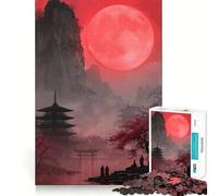Red Moon Over Pagoda Jigsaw Puzzle for Adults 1000 Pieces Memory Boost Group Play Pattern Assembly Xmas Surprise (38x26cm)