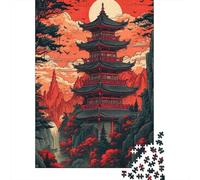 Red Moon Pagoda Jigsaw Puzzles 1000 Piece Recycled Paper Ukiyo-e StylePuzzle for Adults Jigsaw Puzzle Impossible Hard Home Activity Celebration Gifts 52x38cm/1000pcs