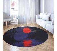 Red Moon River Round Area Rugs 200cm - Forest Landscape Print Washable Low Pile Circle Carpet for Bedroom Living Room Dining Room Foyer