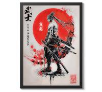 Red Moon Samurai Anime Poster, Japanese Art Print, Manga Style Samurai Poster, Bedroom Wall Art, A2 (Black Frame) - 62.5x45.1cm