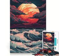 Red Moon Waves Japanese Japan Vaporwave 1000 Pieces Jigsaws Adults Puzzles Gifts Mind Challenge Toy Easy Leisure Precise Cut (50x75cm)
