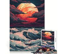 Red Moon Waves Japanese Japan Vaporwave Jigsaw Puzzles for Teenagers 1000 Pieces Recall Boost Gentle Relax Smooth Cut Stylish Gift (38x26cm)