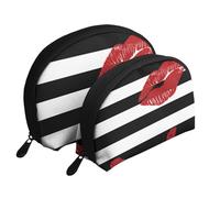 Red Mouth Printed in Black and White Stripes Portable Shell Cosmetic Bag Set - Travel Makeup Organiser with Zipper & Inner Compartments
