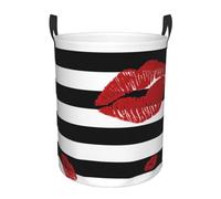 Red Mouth Printed In Black And White Stripes Print Collapsible Circular Laundry Hamper - Waterproof Canvas Basket With Handles For Kids Toy Storage, Dirty Clothes Organizer For Bedroom/Laundry Room