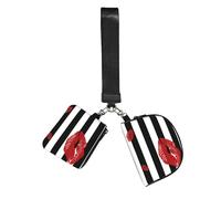 Red Mouth Printed in Black and White Stripes Wristlet Keychain Wallet Pouch with Strap Double Zipper Small Coin Purse Portable Wrist Bag for Travel Gym Daily Use