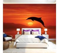 Red Mural Wallpaper Ocean Sunset Dolphins Non-Woven Art Print 390 x 260cm Wall Murals Poster Picture Design Modern Decoration for Bedrooms Living Room Children Nursery