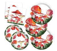 Red Mushroom Birthday Paper Plates Napkins Watercolor Mushroom Disposable Tableware Set Party Supplies Mushroom Grass Theme Dinnerware Cutlery Sets Serves 24 Guests for Party Plates Napkins 88PCS