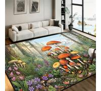 Red Mushroom Living Room Rug Non-Slip Carpet Washable Low-Pile 100x150cm | Forest Natural Landscape Green Plant Print Mat Cabin Rugs for Bedroom Foldable Ultra-Thin Colorful