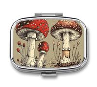 Red Mushroom Pattern Pill Organizer Metal Pill Box - 2 Compartments, Sleek & Portable Medicine Case for Travel, Daily Use