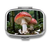 Red Mushroom Pill Box - 2 Compartment Travel Pill Organizer with Small Mirror, Portable Pillcase for Pocket & Purse, Cute Square Medicine Case, Weekly Medicine Container