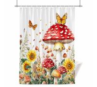 Red Mushroom Sunflower Shower Curtain for Bathroom, Farm Large Mushroom Yellow Flower Butterfly Leaf Waterproof Cloth Fabric Bathroom Accessories Set with 12 Rust Proof Plastic Hooks, 72” x 72”