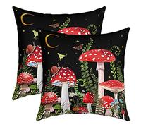 Red Mushroom Tropical Leaves Throw Pillow Cover Farmhouse Style Decorative Pillow Cover for Kids Adults Starry Sky Moon Butterfly Flower Pillowcase for Living Room Couch,Pack of 2,Black,18"x18"