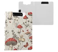 Red Mushrooms Flowers Retro Beige Folding Clipboard Two Metal Clips Pen Holder Clip Board with Hard Cover Clipboard Binder Office Document Organizer