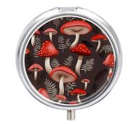 Red Mushrooms Metal Pill Organizer, 3 Compartment Waterproof Pill Case with Mirror for Purse Pocket Bag, Daily Medicine Vitamin Holder, Portable Travel Med Container(Round)
