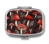 Red Mushrooms Pill Box 2 Compartments Portable Travel Pill Case Mini Medicine Organizer for Pocket Purse Metal Waterproof Medicine Container Holder Vitamin Fish Oil