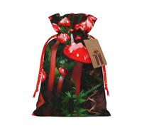 Red Mushrooms Print Drawstring Christmas Gift Bag With Tags Reusable For Birthday Parties Gift Weddings Holiday