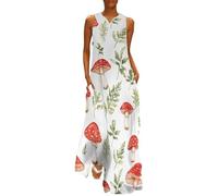 Red Mushrooms Women's Sleeveless Maxi Dresses Floral Hem Loose Sundress Fashion Simple Dress with Pockets 3XL
