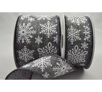 Red/Natural/Charcoal Grey Woven Edge Wired Natural Feel Ribbon, White Snowflake Design 38mm x 10m roll (Charcoal Grey)