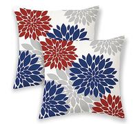 Red Navy Blue Pillow Covers 18x18 Inch 2 Pcs, Christmas Colored Dahlia Decorative Throw Pillows, Flower Outdoor Decor Pillowcase Square Cushion Cover Gift for Couch Bed