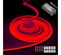 Red neon LED strip lights - 16.4ft/5m 12V DC flexible rope light with 600 high-density SMD2835 LEDs, featuring IP65 waterproof rating for indoor and outdoor decoration (includes power adapter).