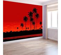 Red Non-Woven Photo Wallpaper Mural 500 x 280 cm Surreal Palm Tree Silhouettes Photo Wallpaper - Bedroom Wall Art Decoration, Eco-Friendly Mural for Living Room Kids Bedroom
