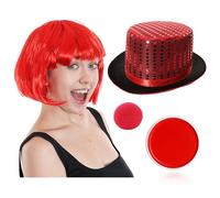 Red Nose Accessory Set - Sponge Nose, Bob Wig, Sequin Top Hat and Face Paint - Perfect for Any Fancy Dress