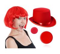 Red Nose, Satin Top Hat, Bob Wig & Face Paint I Love Fancy Dress Red One Size