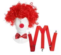 RED NOSE SET AFRO WIG + SPONGE NOSE + SEQUIN RED BOWTIE + RED BRACES FANCY DRESS COSTUME OUTFIT ST GEORGES DAY CLOWN