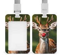 Red-Nosed Deer Id Badge Holder with Lanyard, Clear Vertical Card Protector Waterproof, Breakaway Safety Neck Strap, Heavy Duty Name Tag Holder for Nurse Teacher Officer Staff Women Men