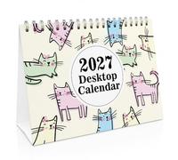 Red Ocean 2027 Desktop Cat Themed Calendar Month to View, Free-Standing, Spiral Bound, 16 Page Flipbook Calender For Office Home Work