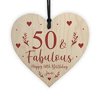 RED OCEAN 50th Birthday Gift For Mum Sister Auntie Personalised 50 And Fabulous Wood Heart
