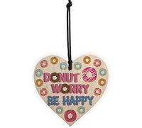 RED OCEAN Donut Worry Be Happy Wood Heart Friendship Gift Sprinkles Pink Pop Art Hanging