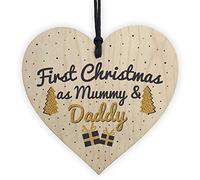 RED OCEAN First 1st Christmas As Daddy Mummy Tree Decoration Bauble Handmade Wooden Heart Gift For Dad Mum Keepsake