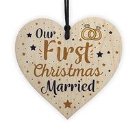 RED OCEAN First Christmas Married Wooden Xmas Tree Decoration Heart Bauble Gift Mr & Mrs Husband Wife