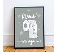 RED OCEAN Framed Grey Bathroom Print Funny Filthy Animal Sign Wall Art Home Decor (A4 Print with Black Frame - Poop Here Again Grey Bathroom)
