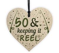 RED OCEAN Funny 50th Birthday Fishing Gifts Wooden Heart Birthday Gift For Him Fisherman Gifts For Dad Uncle Brother