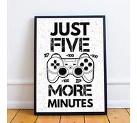 RED OCEAN Gaming Print Framed For Boys Bedroom Man Cave Sign Gamer Gift (A4 Print with Black Frame - Five More Minutes Gamer White PS)